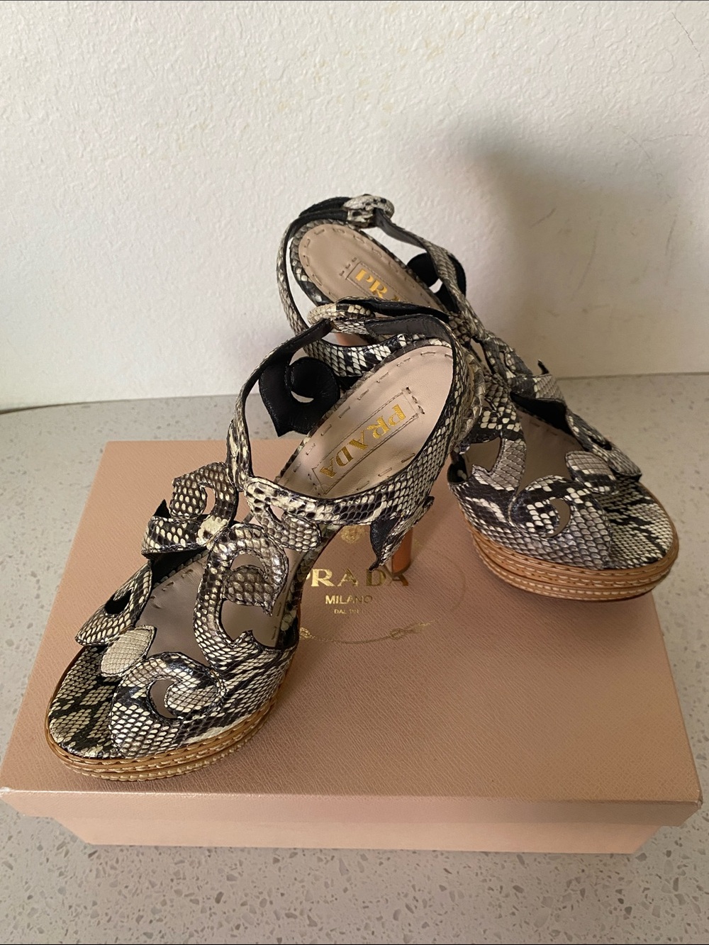 Prada Black and Cream Snakeskin-Effect Platform Heels